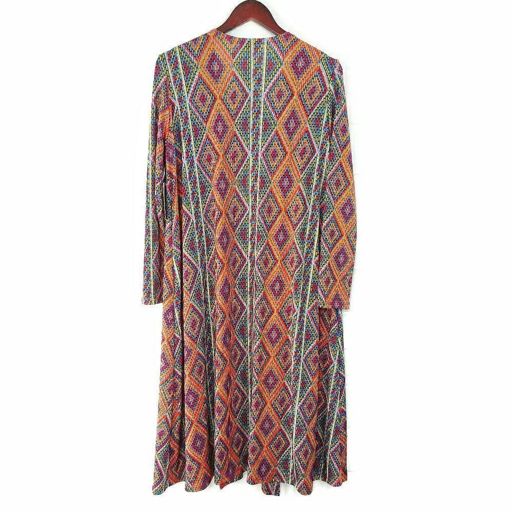 Lularoe Sarah Cardigan Duster Orange Blue Geometric Print - Picture 2 of 6